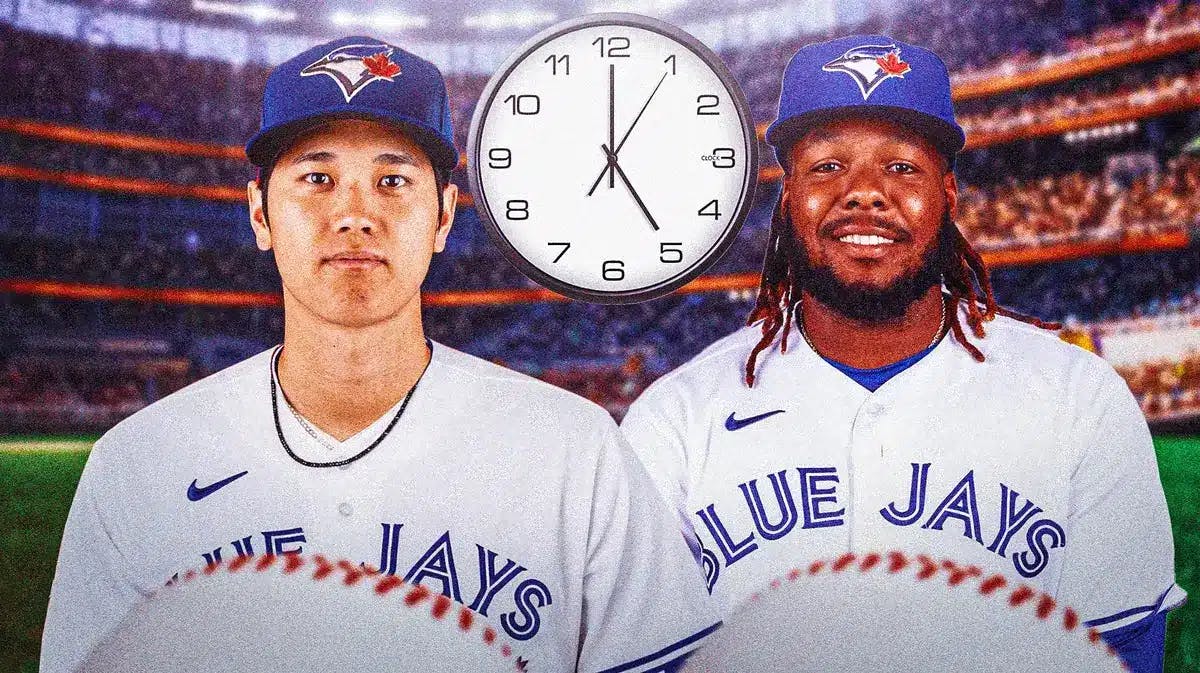 Shohei Ohtani in a Blue Jays uniform. Place a clock in the background. Blue Jays' Vladimir Guerrero Jr. next to Ohtani smiling