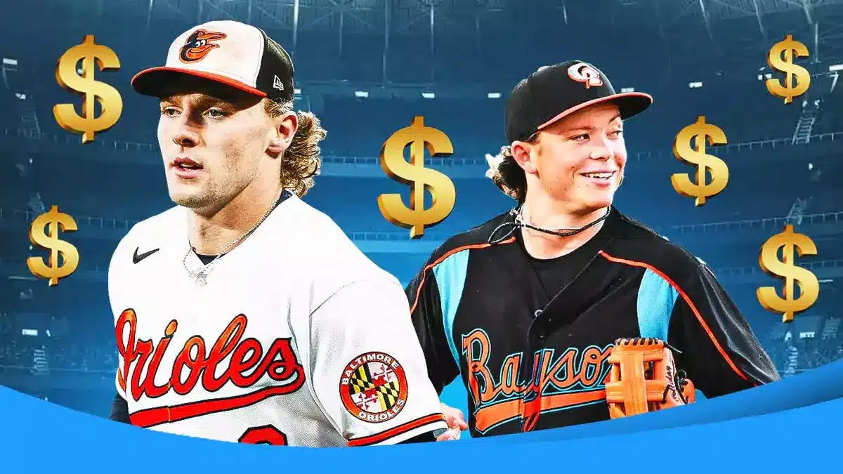 Baltimore Orioles' Gunnar Henderson and Jackson Holliday and dollar signs surrounding them