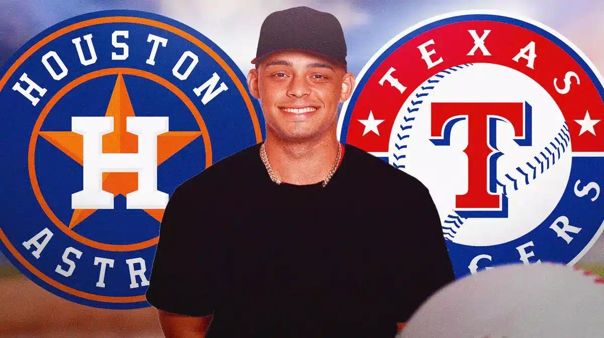 Jordan Hicks in between Rangers and Astros logo