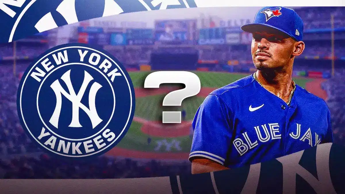 Pitcher Jordan Hicks (in Toronto Blue Jays uniform is fine) next to New York Yankees logo, to show the team is interested in signing him, and a question mark in between the images