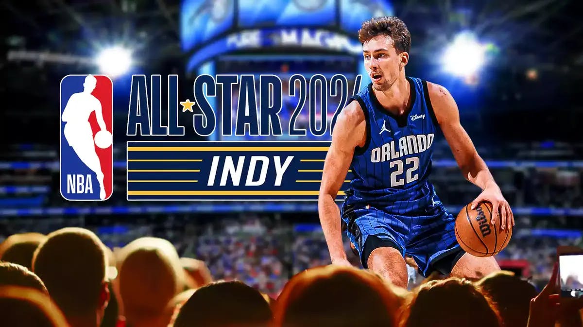 Franz Wagner dribbling, with this year’s NBA All-Star game logo in the background