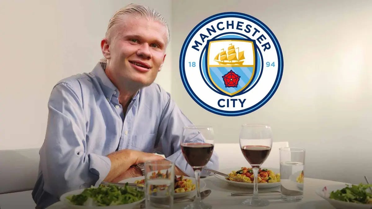 Erling Haaland sitting at a table of food, the Manchester City logo in the air