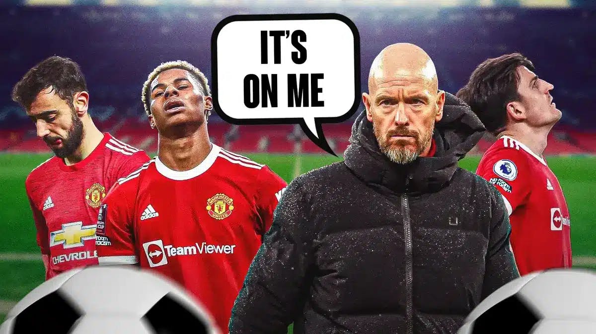 Photo: Erik ten Hag saying “It’s on me” have Marcus Rashford, Harry Maguire, Bruno Fernandes in Manchester United jerseys looking disappointed behind ten Hag