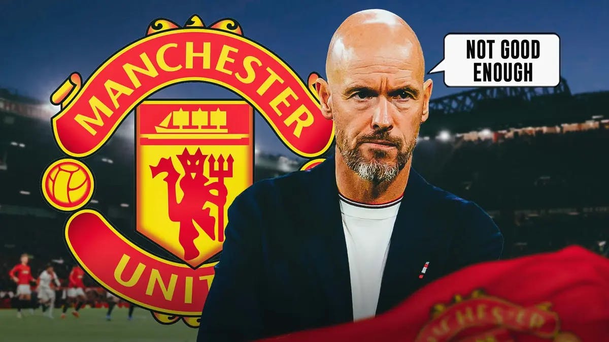 Erik ten Hag saying: ‘Not good enough’ in front of the Manchester United logo