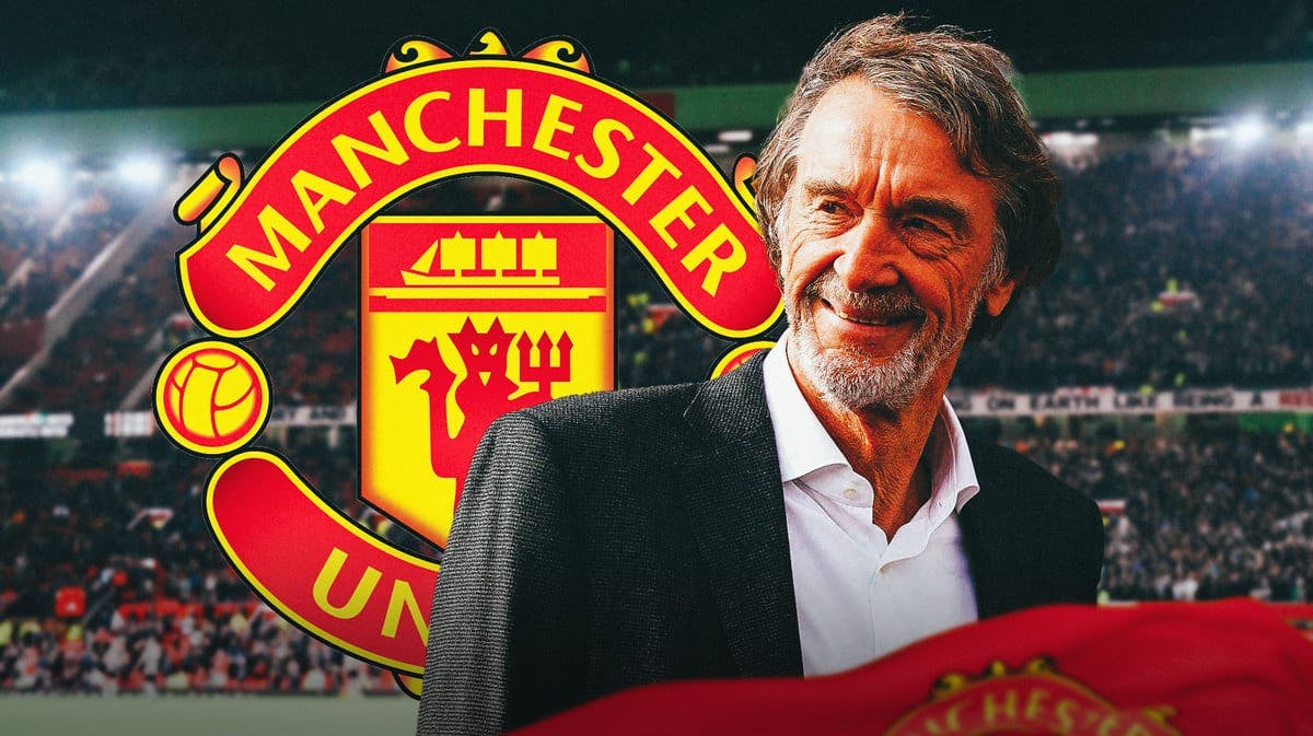 Sir Jim Ratcliffe in front of the Manchester United logo