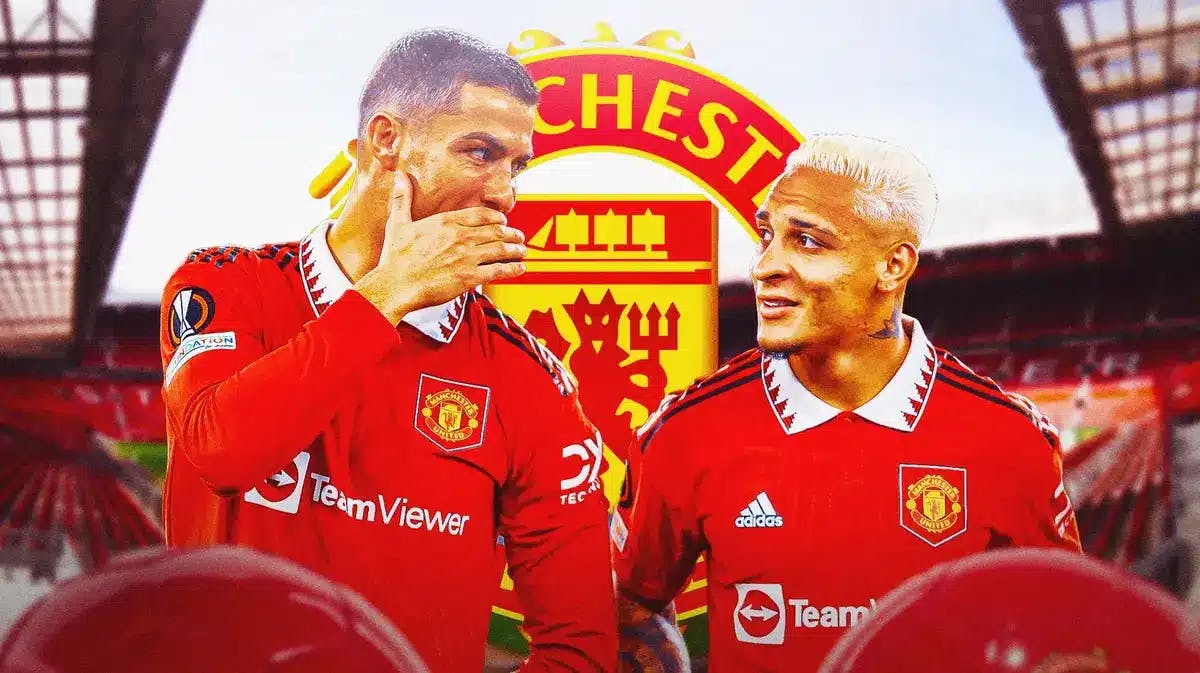 Cristiano Ronaldo and Antony in front of the Manchester United logo