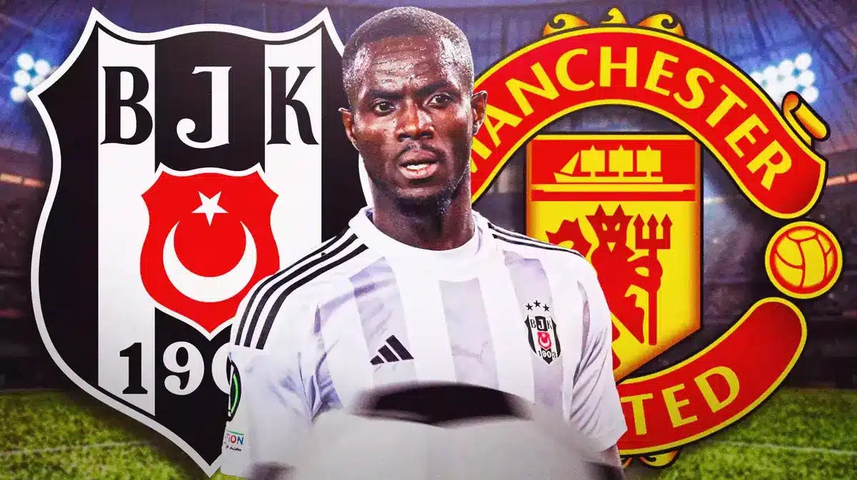 Eric Bailly looking down/sad in front of the Manchester United, Besiktas logos