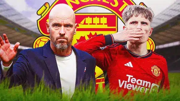 Erik ten Hag and Alejandro Garnacho in front of the Manchester United logo