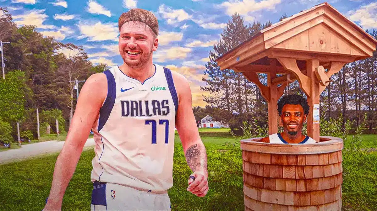 Mavs' Luka Doncic throwing a coin upon a wishing well, with Grizzlies' Vince Williams Jr. peeking out of the well