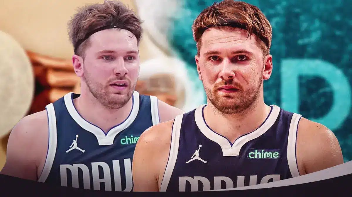 picture of current Mavs star Luka Doncic on the left, with an aged-up Doncic on the right,