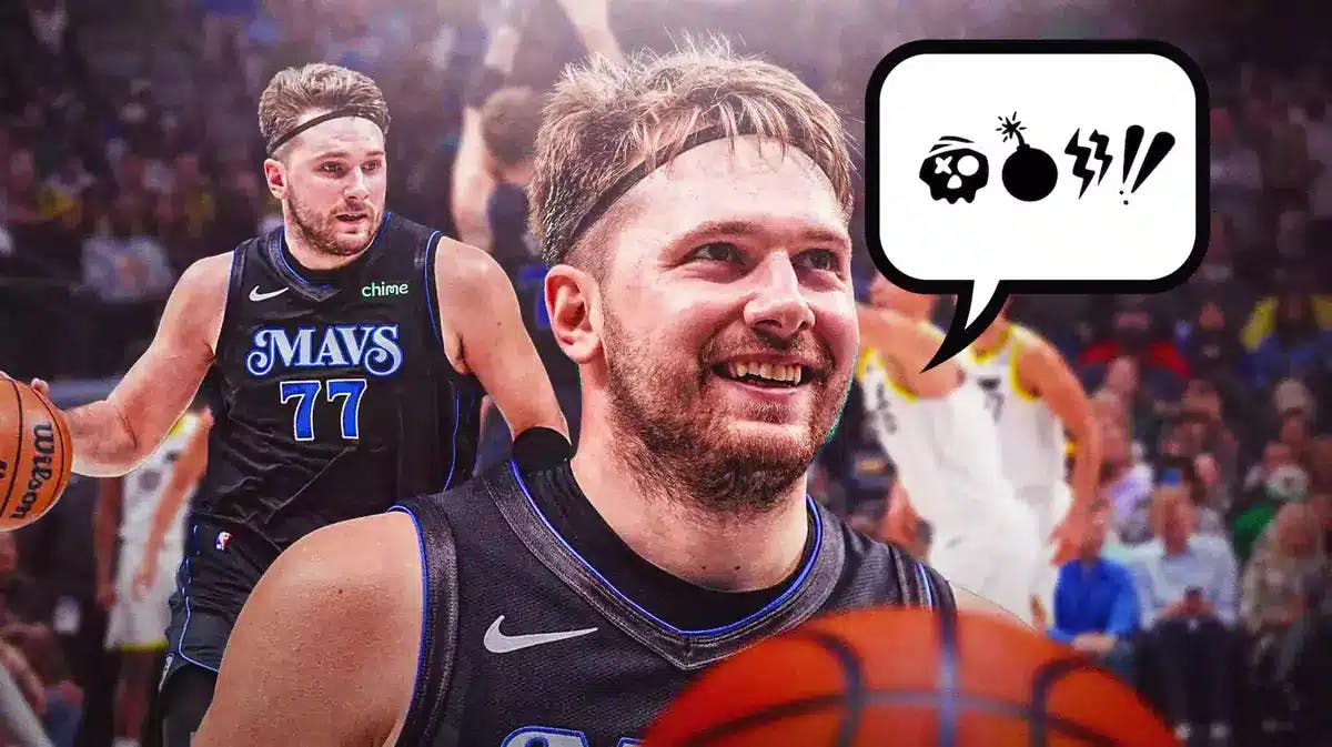 Mavs' Luka Doncic laughing with many speech bubbles coming from him filled with censored bad words