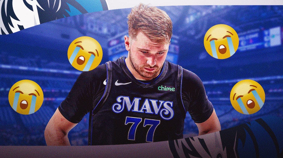 Luka Doncic looking sad with crying emojis in the background