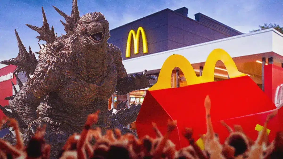 Godzilla next to McDonald's and Happy Meal.
