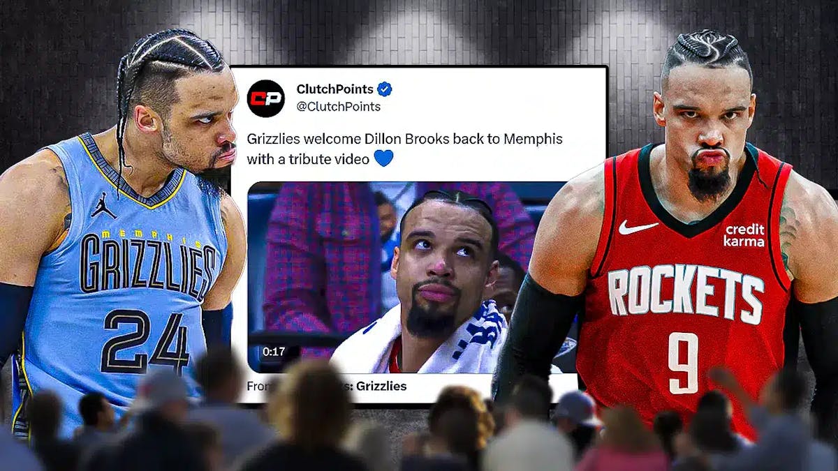 A double image of Dillon Brooks, one in his Grizzlies jersey and one in his current Rockets jersey, also include a screenshot of the tribute video from the beginning of the link