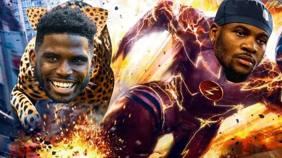 Tyreek Hill as a cheetah and Micah Parsons as The Flash