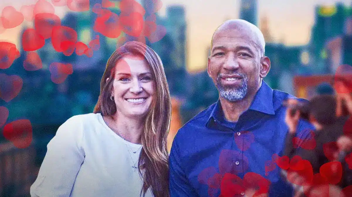 Detroit Pistons coach Monty Williams with wife Lisa Keeth surrounded by hearts.