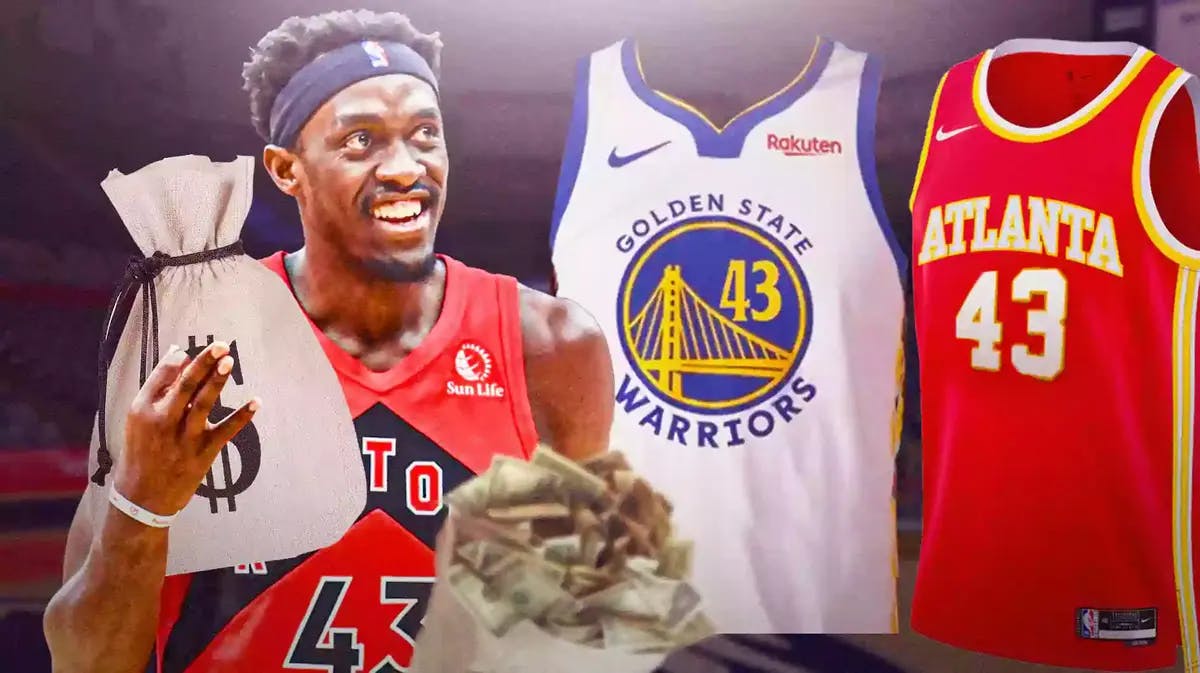 Two panels, Pascal Siakam (in Raptors uni) holding bags of money with briefcases full of cash behind him on the left, on the right is a pic of Siakam holding a Warriors and Hawks jersey with the number 43