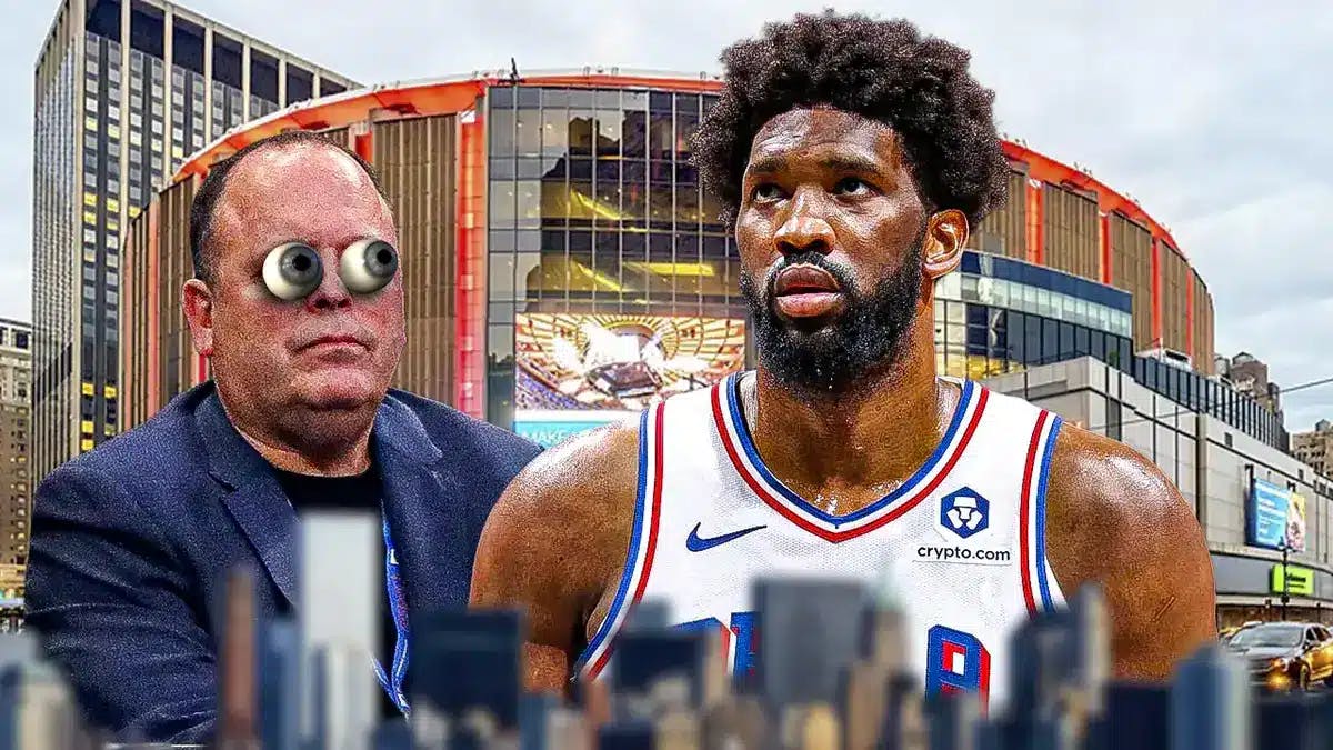 Photo: Leon Rose with peeping eyes looking at Joel Embiid in Sixers jersey in action, Knicks' Madison Square Garden in background