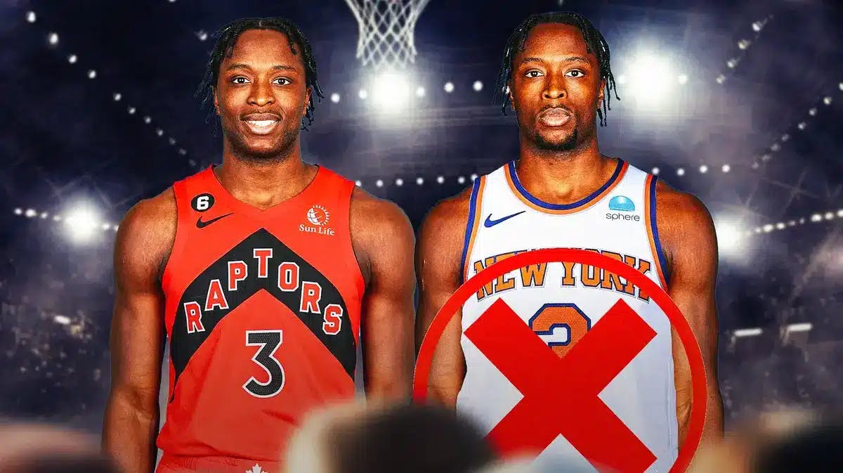 Photo: OG Anunoby in Raptors jersey, another photo of him in Knicks jersey with an X through it