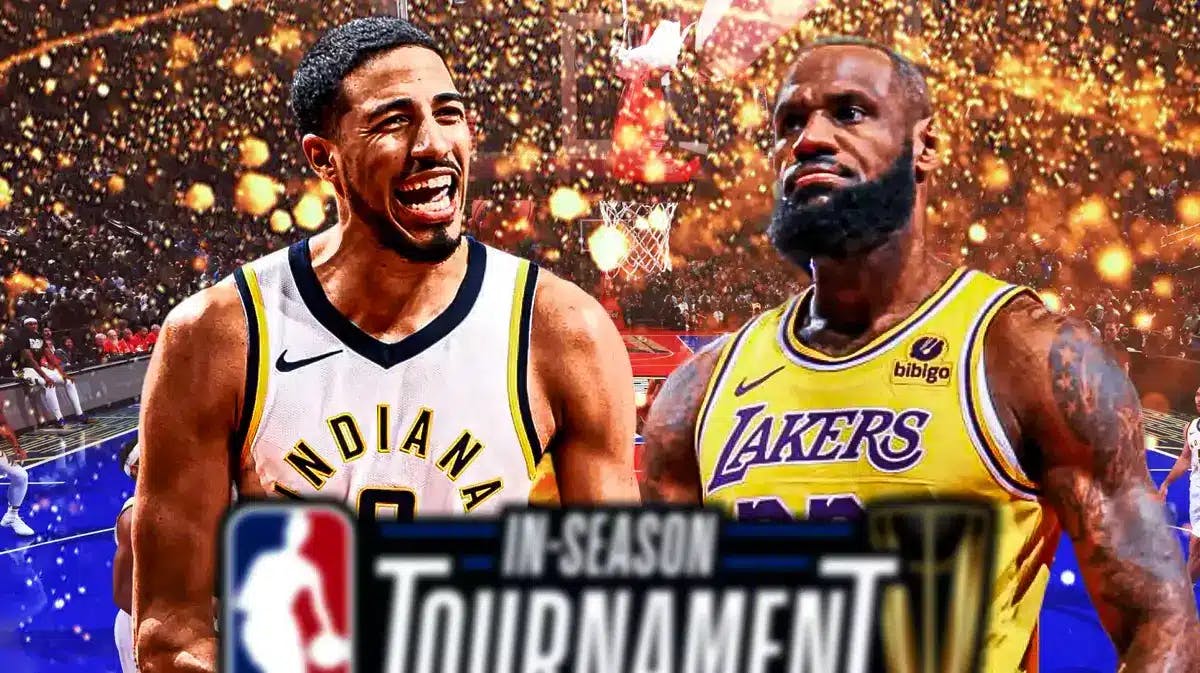 Tyrese Haliburton and LeBron James with NBA In-Season Tournament logo