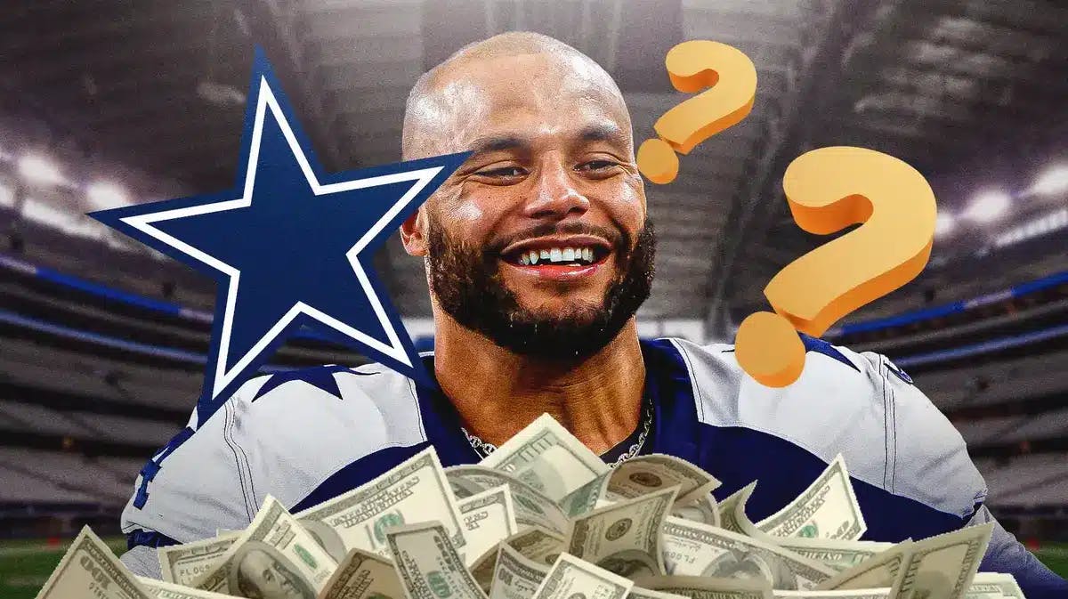 Dak Prescott in middle of image looking happy, DAL Cowboys logo, some money in image, a few question marks in image, football field in background