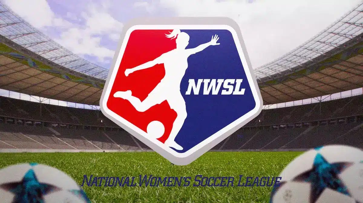 The NWSL logo with a soccer field as the background, with soccer balls along the border of the graphic