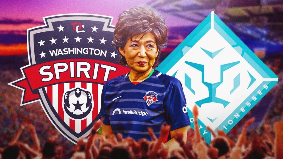 The Washington Spirit logo and the London City Lionesses logo with Michele Kang