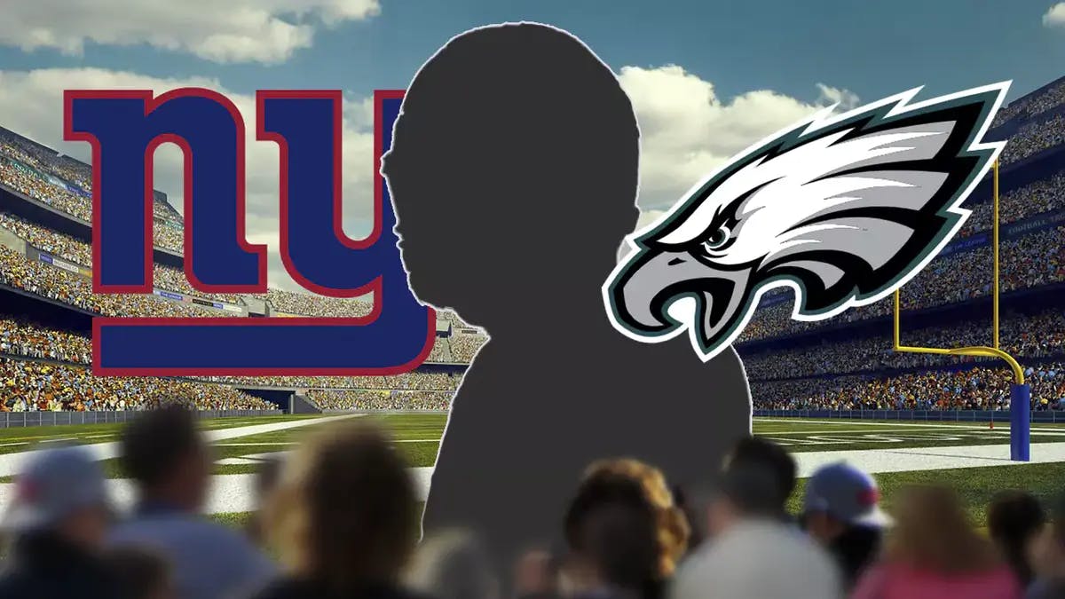 Silhouette of a player in the middle of an image, with the NY Giants logo on the left side and the Philadelphia Eagles logo on the right side