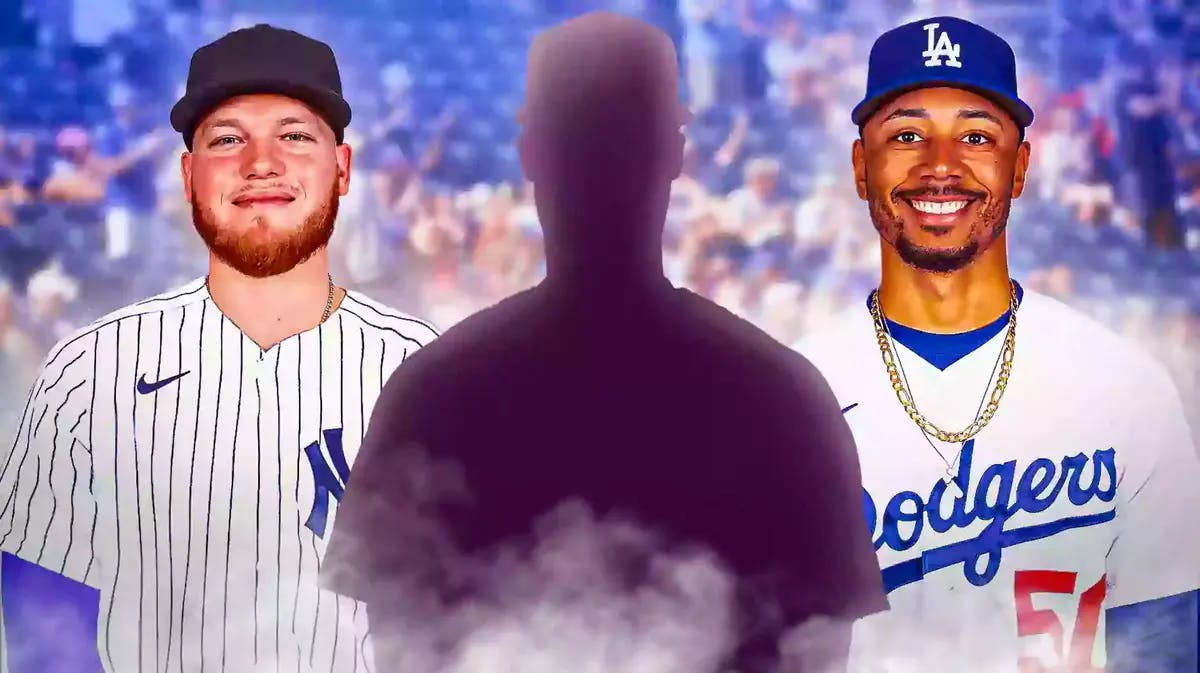 Alex Verdugo in a Yankees jersey on left, Mookie Betts in a Dodgers jersey on right. In middle, place the silhouette of Jeter Downs.