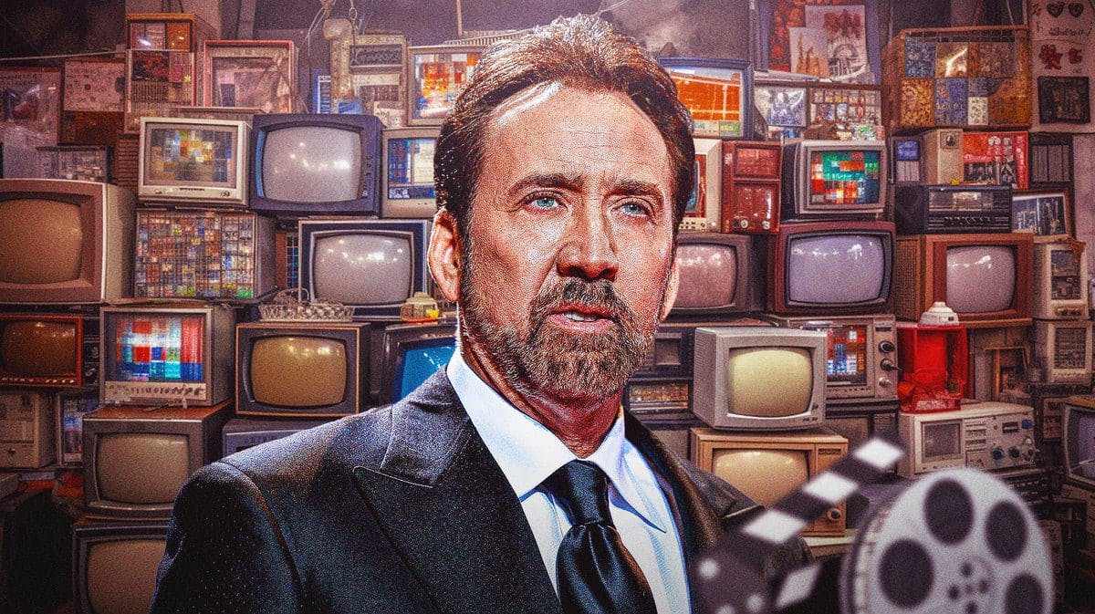 Nicolas Cage with TV background.