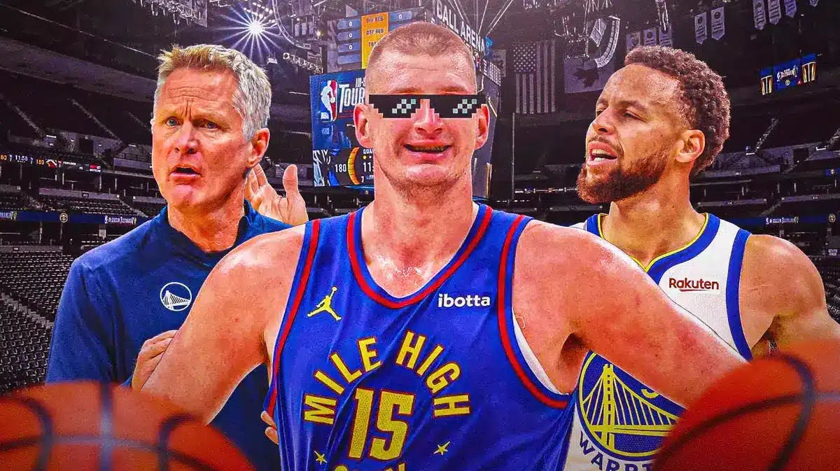 Nuggets' Nikola Jokic laughing with the Thug Life shades on, with Warriors' Stephen Curry and Steve Kerr looking angry