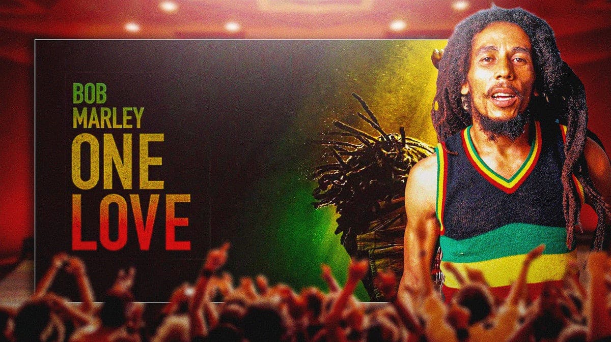 Bob Marley: One Love poster with real-life Bob Marley.