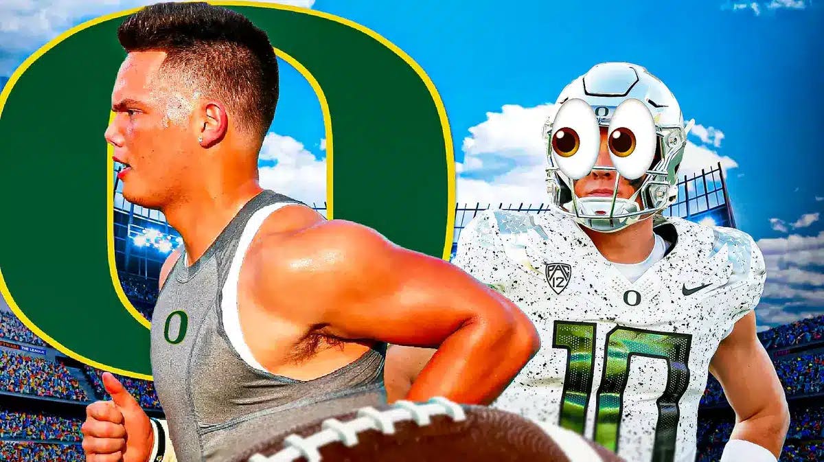 mage: Dillon Gabriel in an Oregon Ducks uniform on one side, Bo Nix on the other side with the big eyes emoji over his face