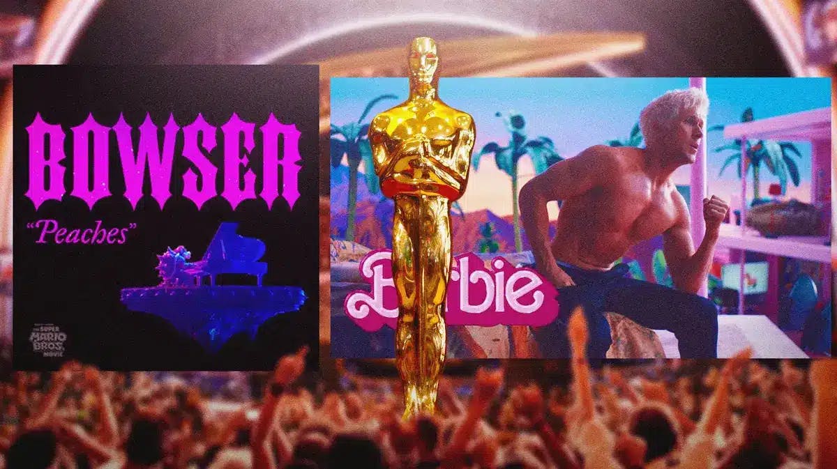Images from the Super Mario Bros. Movie song “Peaches” and Barbie’s “I’m Just Ken” song alongside each other, with a pic of an Oscars statue in between them