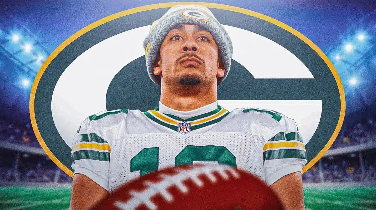 Packers' Jordan Love looking serious, close-up image. Packers logo in background.