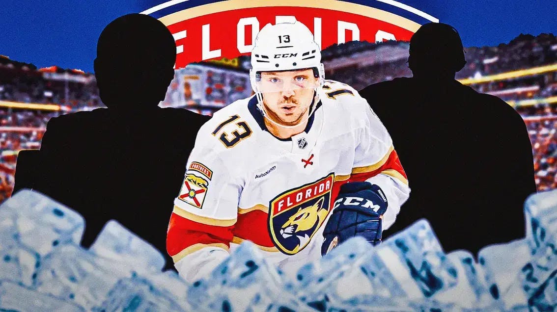 Sam Reinhart in middle of image looking happy, two silhouetted Florida Panthers players on each side, FLA Panthers logo, hockey rink in background