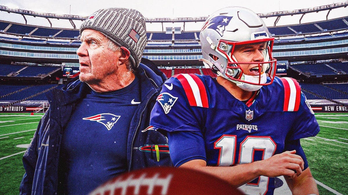 Photo: Mac Jones in Patriots uniform with Bill Belichick in Patriots gear, both with angry faces
