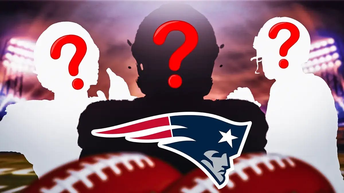 Three blank silhouettes representing mystery players and a prominent New England Patriots logo