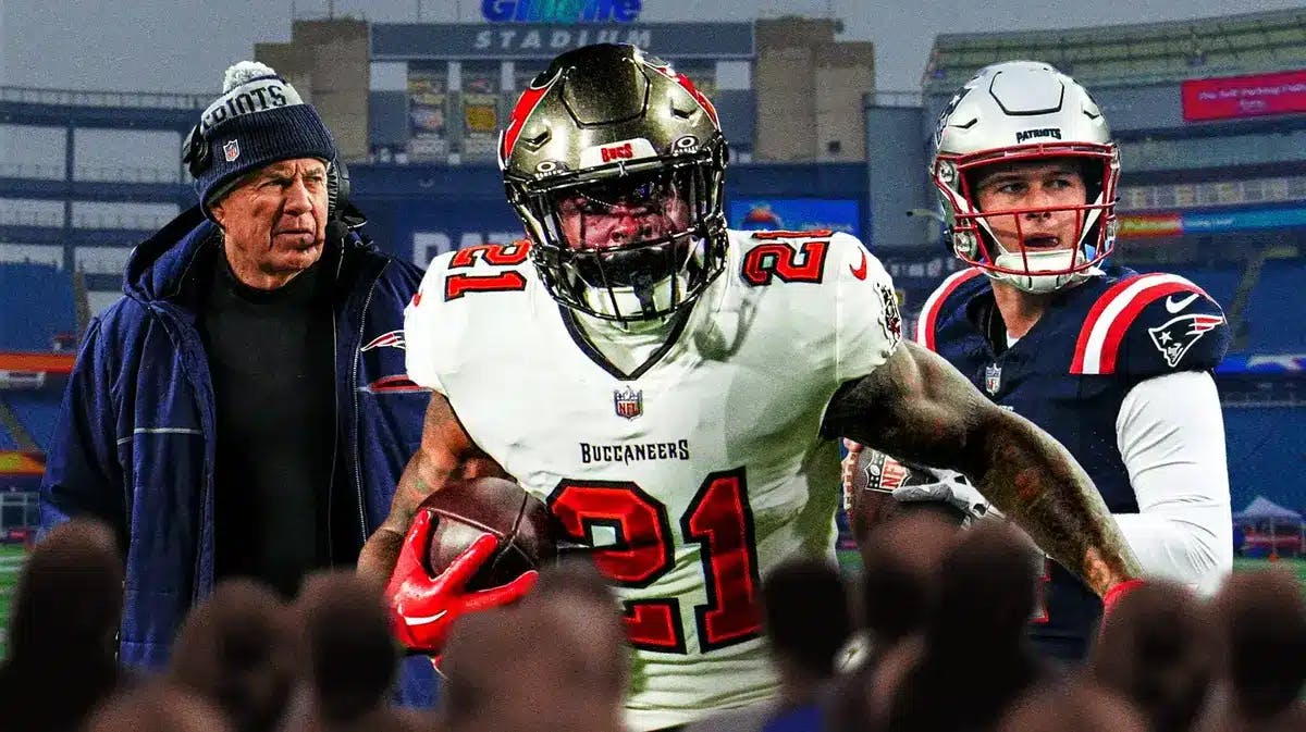 Patriots Bill Belichick and Bailey Zappe with Buccaneers Ke'Shawn Vaugh