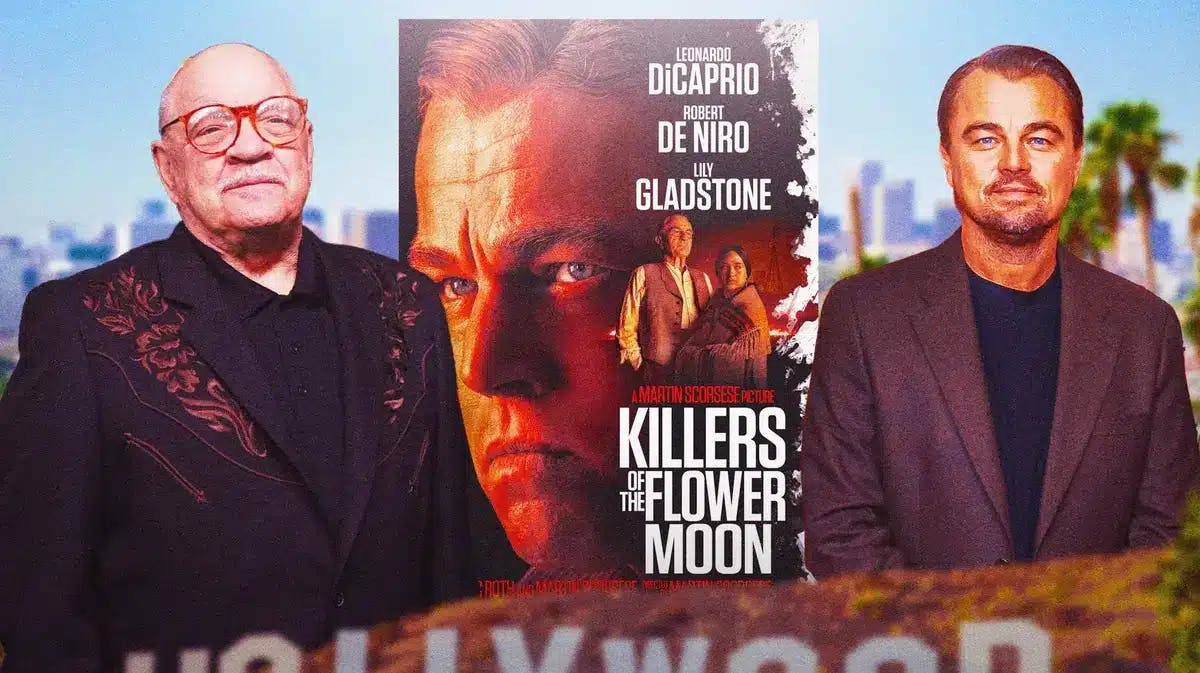 Paul Schrader and Leonardo DiCaprio with Killers of the Flower Moon poster.