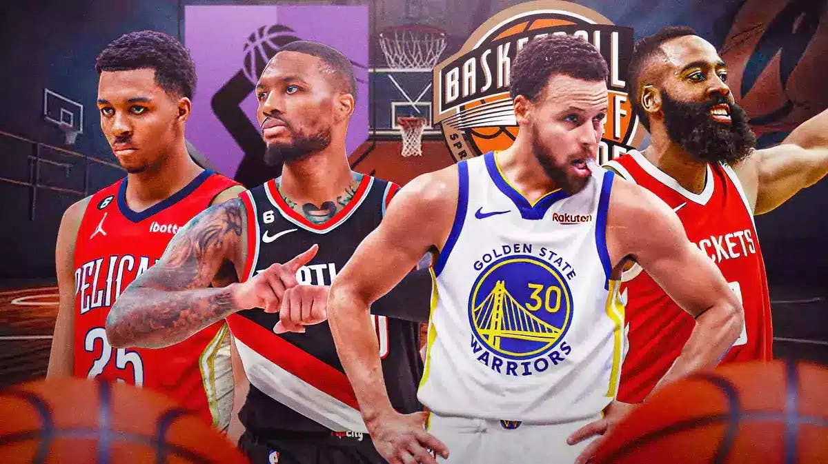 Pelicans' Trey Murphy, Warriors' Stephen Curry, Rockets' James Harden, and Blazers' Damian Lillard all shooting the basketball, with the logo of Hall of Fame Limitless Range on the top right of the picture
