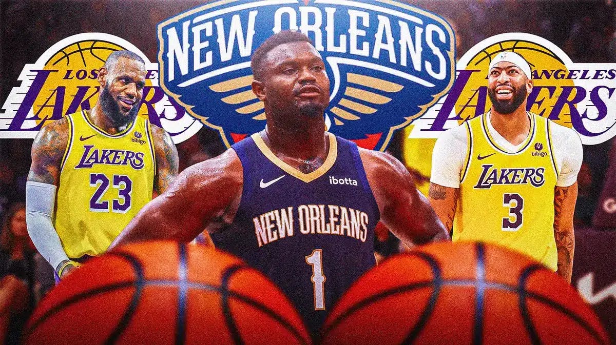 Zion Williamson in middle of image looking stern, LeBron James and Anthony Davis on either side looking happy, Pelicans and Lakers logos, basketball court in background