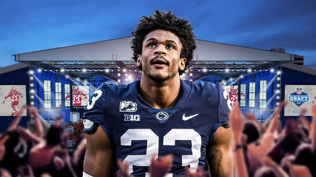 Photo: Curtis Jacobs in Penn State uniform at NFL Draft stage with, with fans behind him