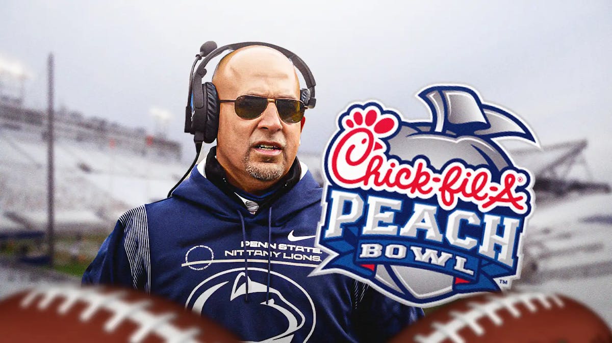 Penn State football, James Franklin, Nittany Lions, Peach Bowl, Ole Miss football, James Franklin and Peach Bowl logo with Penn State football stadium in the background