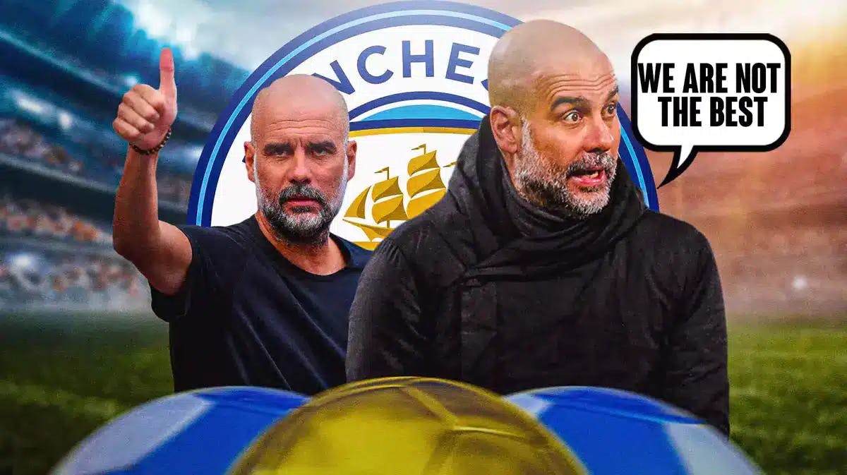 Pep Guardiola saying: ‘We are not the best’ in front of the Manchester City logo