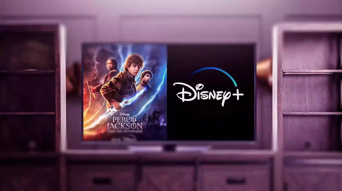 Percy Jackson and the Olympians and Disney+ logo on TV.