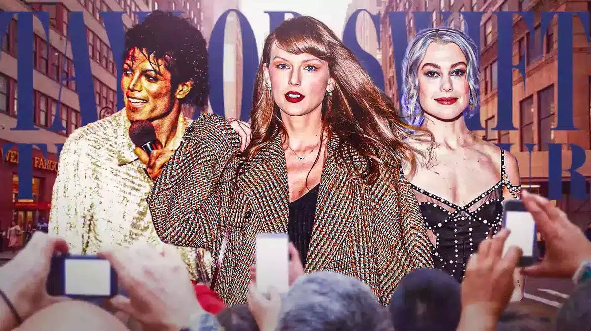 Michael Jackson, Taylor Swift, Phoebe Bridgers (who made Beatles comparison) in front of Eras tour logo.