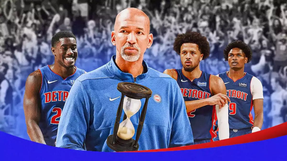 Pistons' Monty Williams being sad, with an hourglass filled at the bottom beside him, with Cade Cunningham, Jaden Ivey, and Ausar Thompson all looking angry