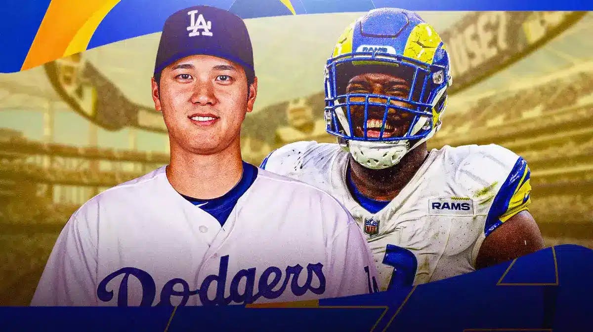 LA Rams' Kobie Turner and image of Shohei Ohtani either with Los Angeles Dodgers gear