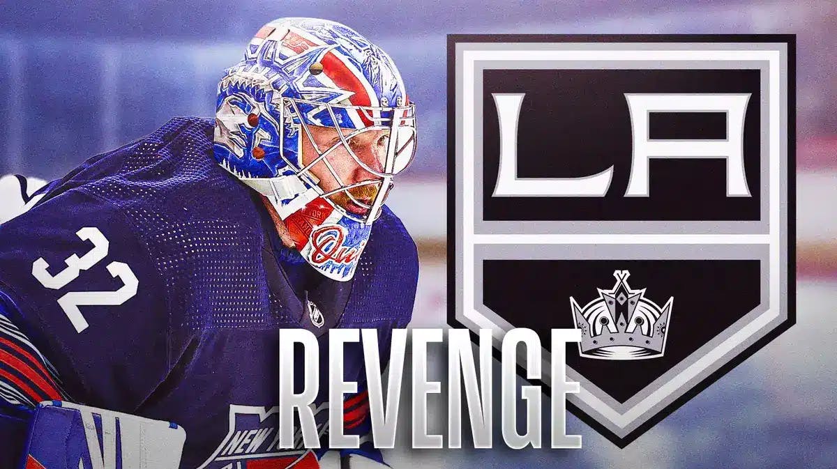 Jonathan Quick in a Rangers uniform. Los Angeles Kings logo next to him. Text on the screen that says “Revenge”